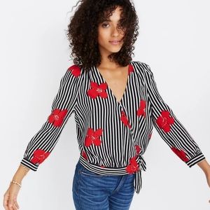 Madewell Red Floral Blouse Black White Striped